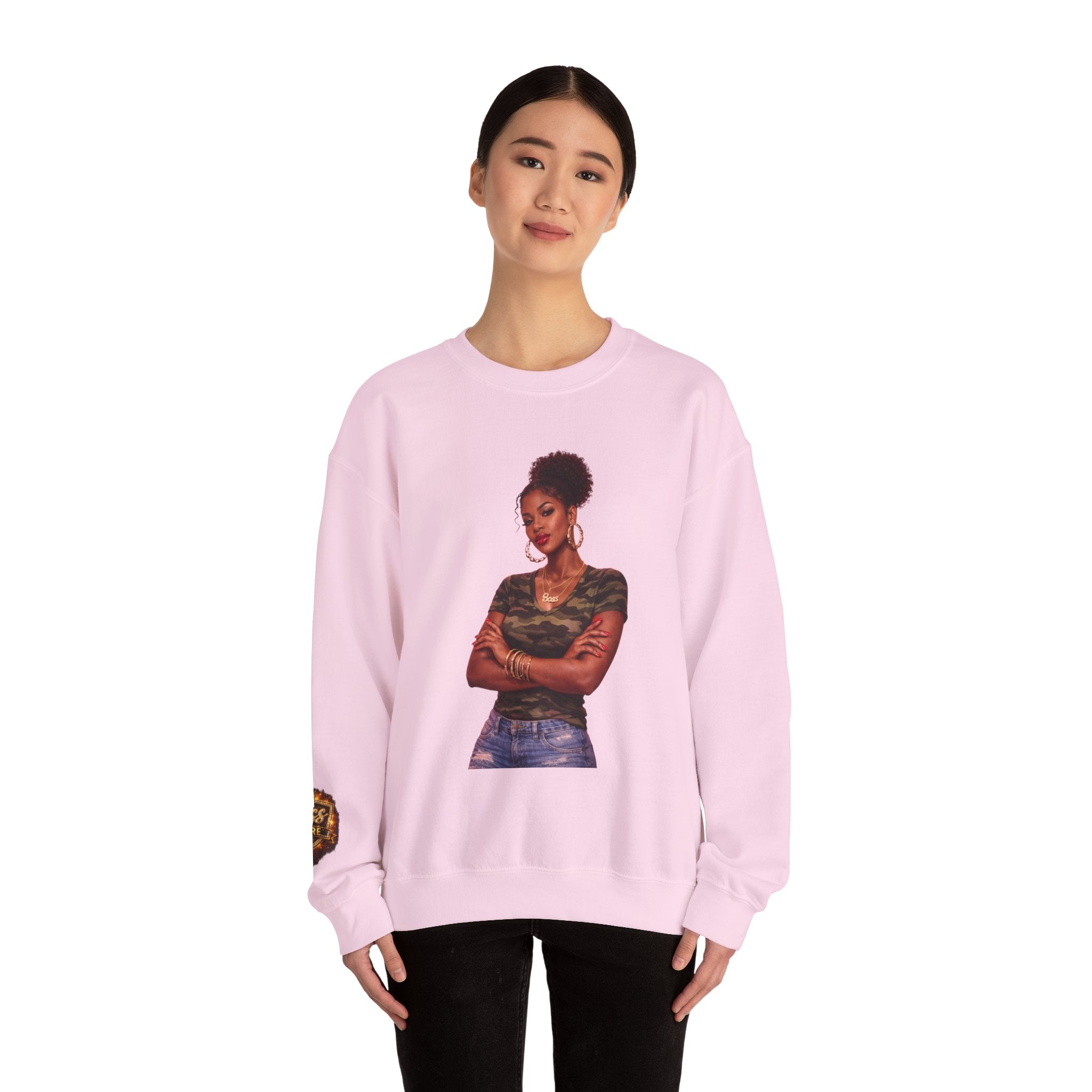 Confident Woman Illustration Crewneck Sweatshirt | Camouflage Tee Top