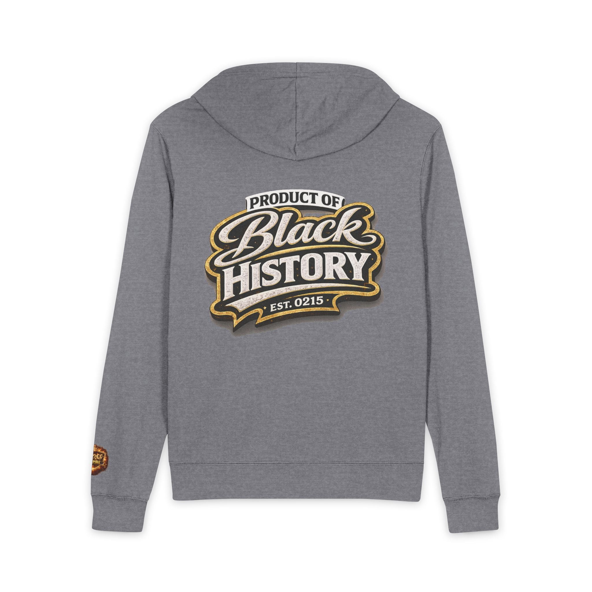Product of Black History Hoodie | Black empowerment emblem, back graphic