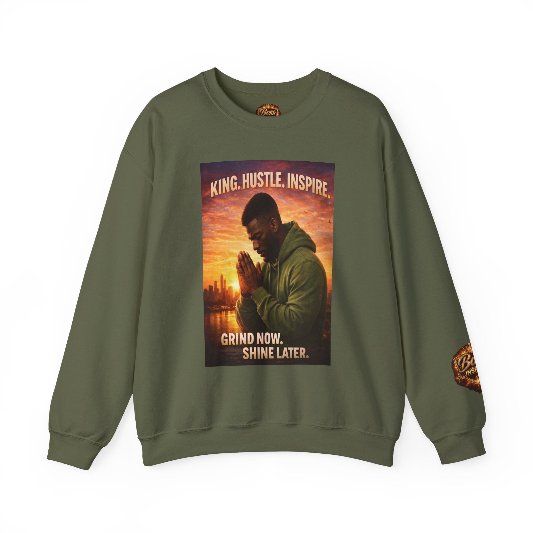 King Hustle Inspire Prayer Pose Sweatshirt | Motivational Urban Portrait