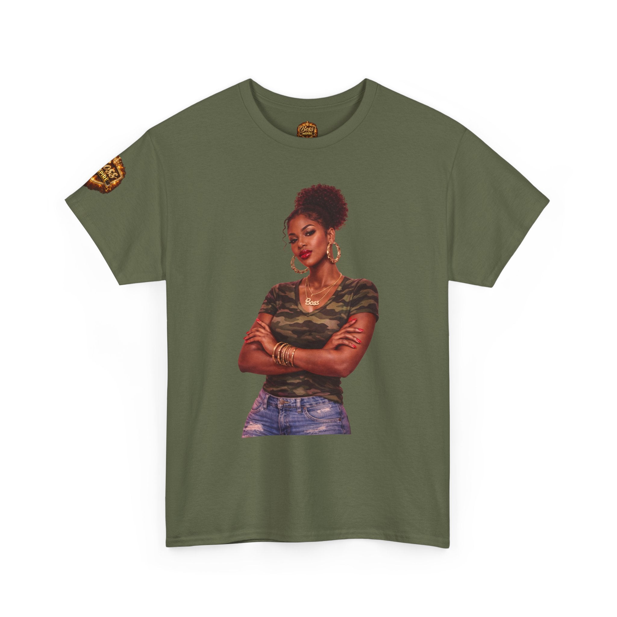 Afro Puff Woman Illustration T-Shirt | Camouflage Top Graphic Tee