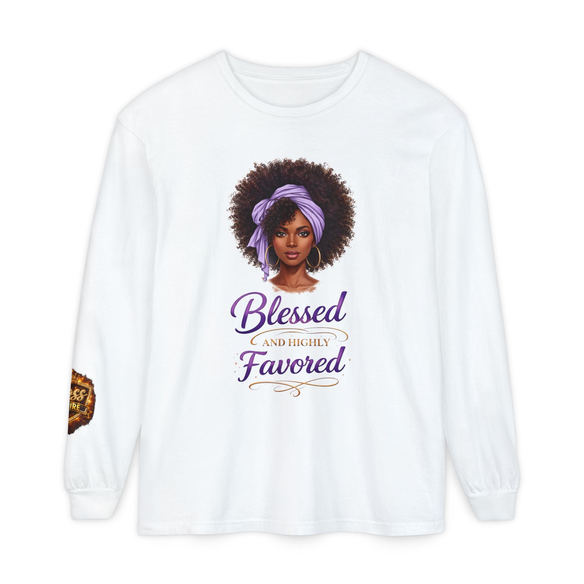 Blessed and Highly Favored Afro Girl Illustration Long Sleeve Shirt | Faith Christian
