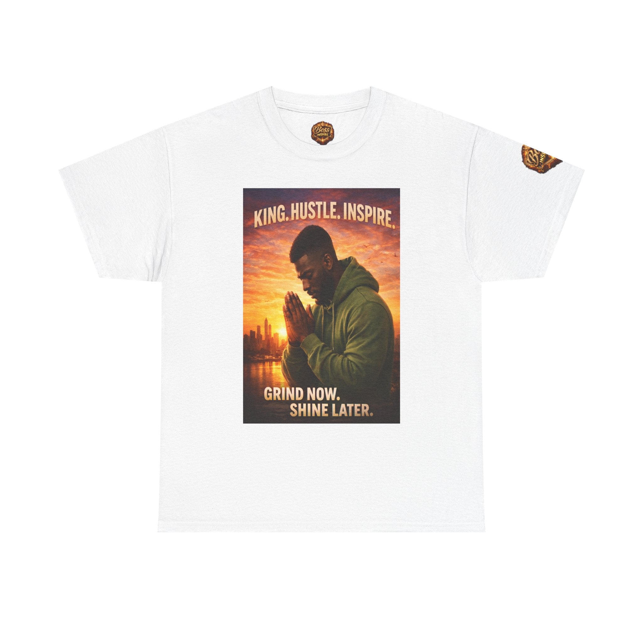 King Hustle Inspire Prayer Pose T-Shirt | Grind Now Shin e Later tee
