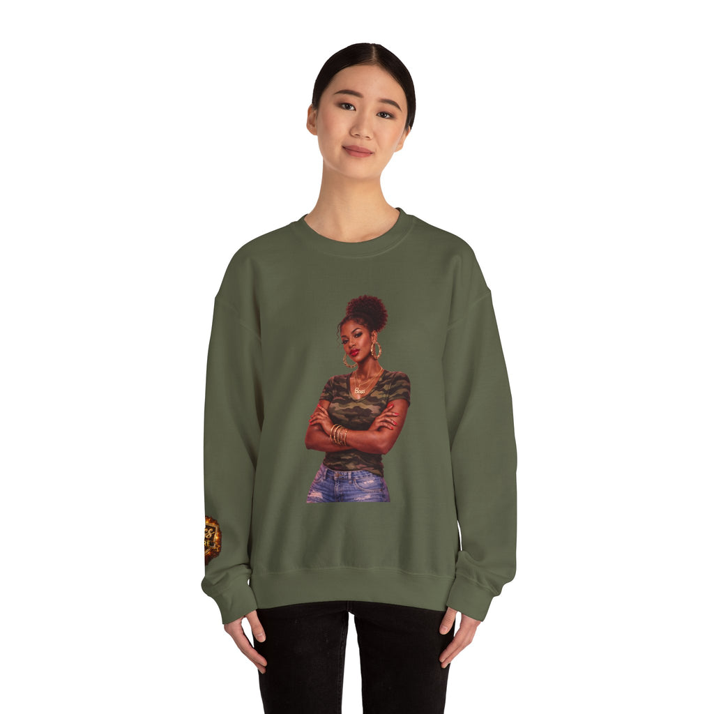 Confident Woman Illustration Crewneck Sweatshirt | Camouflage Tee Top