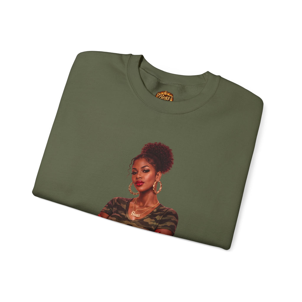 Confident Woman Illustration Crewneck Sweatshirt | Camouflage Tee Top