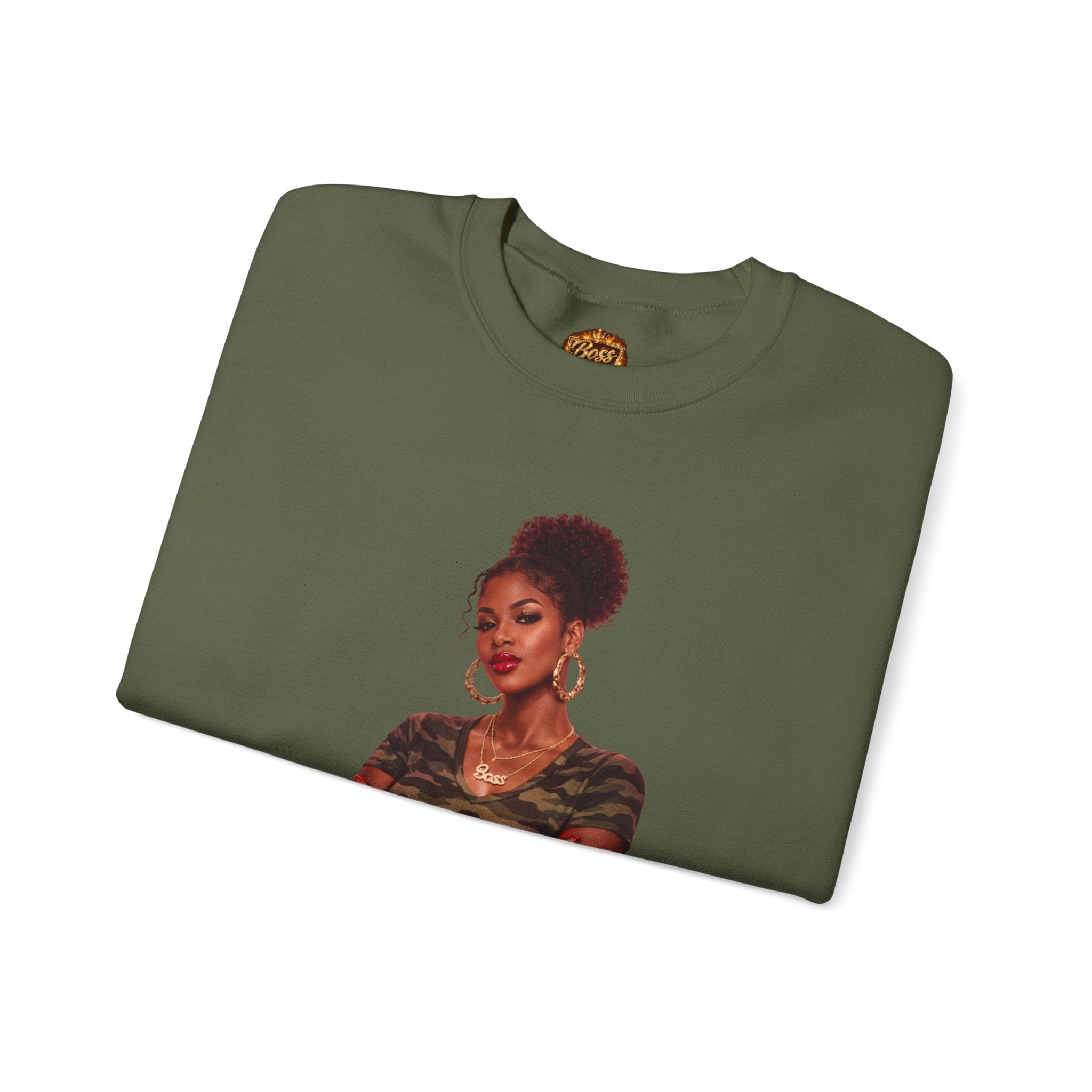 Confident Woman Illustration Crewneck Sweatshirt | Camouflage Tee Top