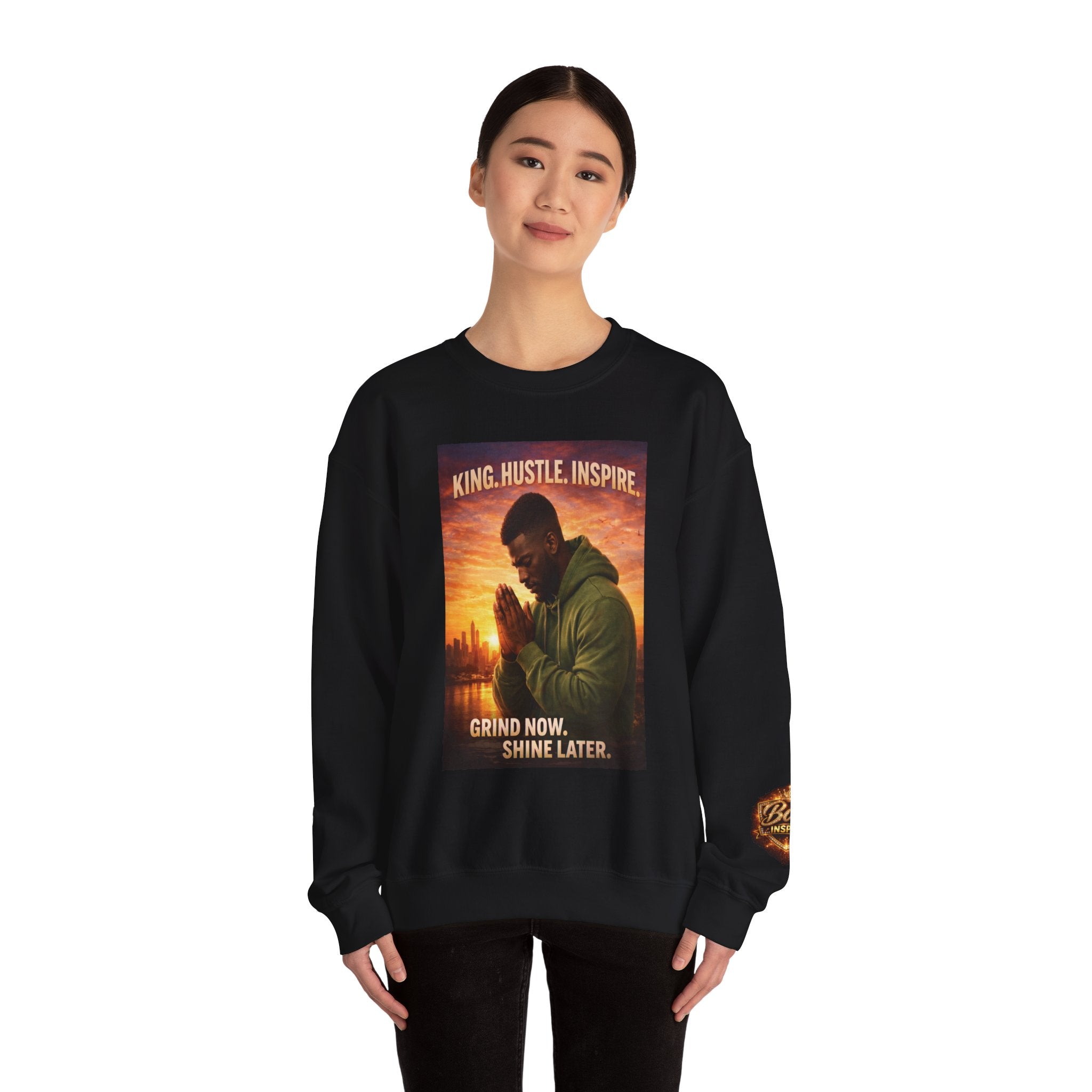 King Hustle Inspire Prayer Pose Sweatshirt | Motivational Urban Portrait