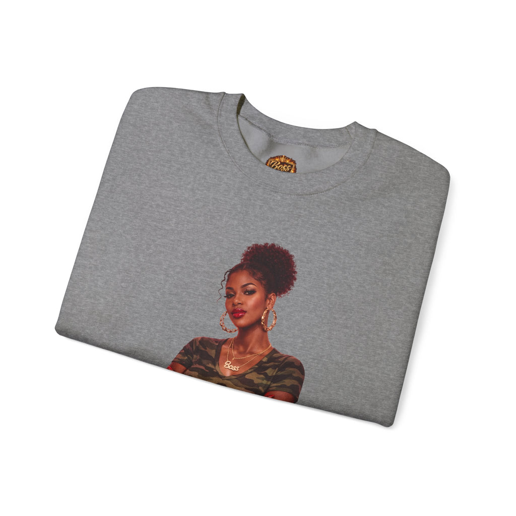 Confident Woman Illustration Crewneck Sweatshirt | Camouflage Tee Top
