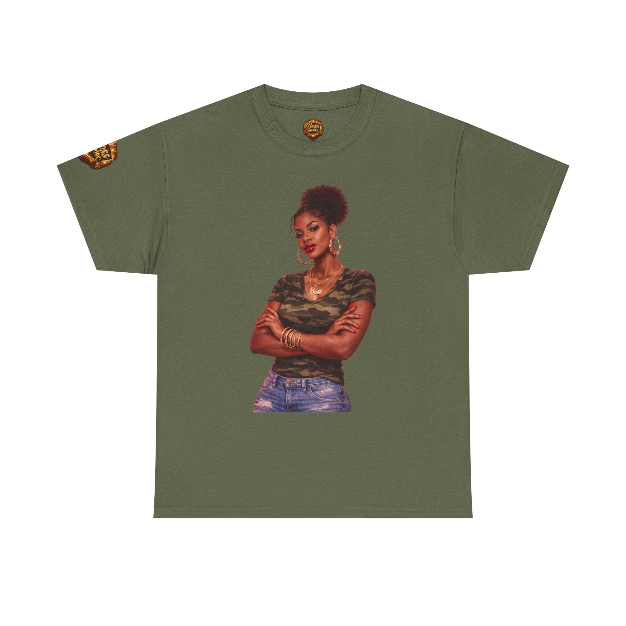 Afro Puff Woman Illustration T-Shirt | Camouflage Top Graphic Tee
