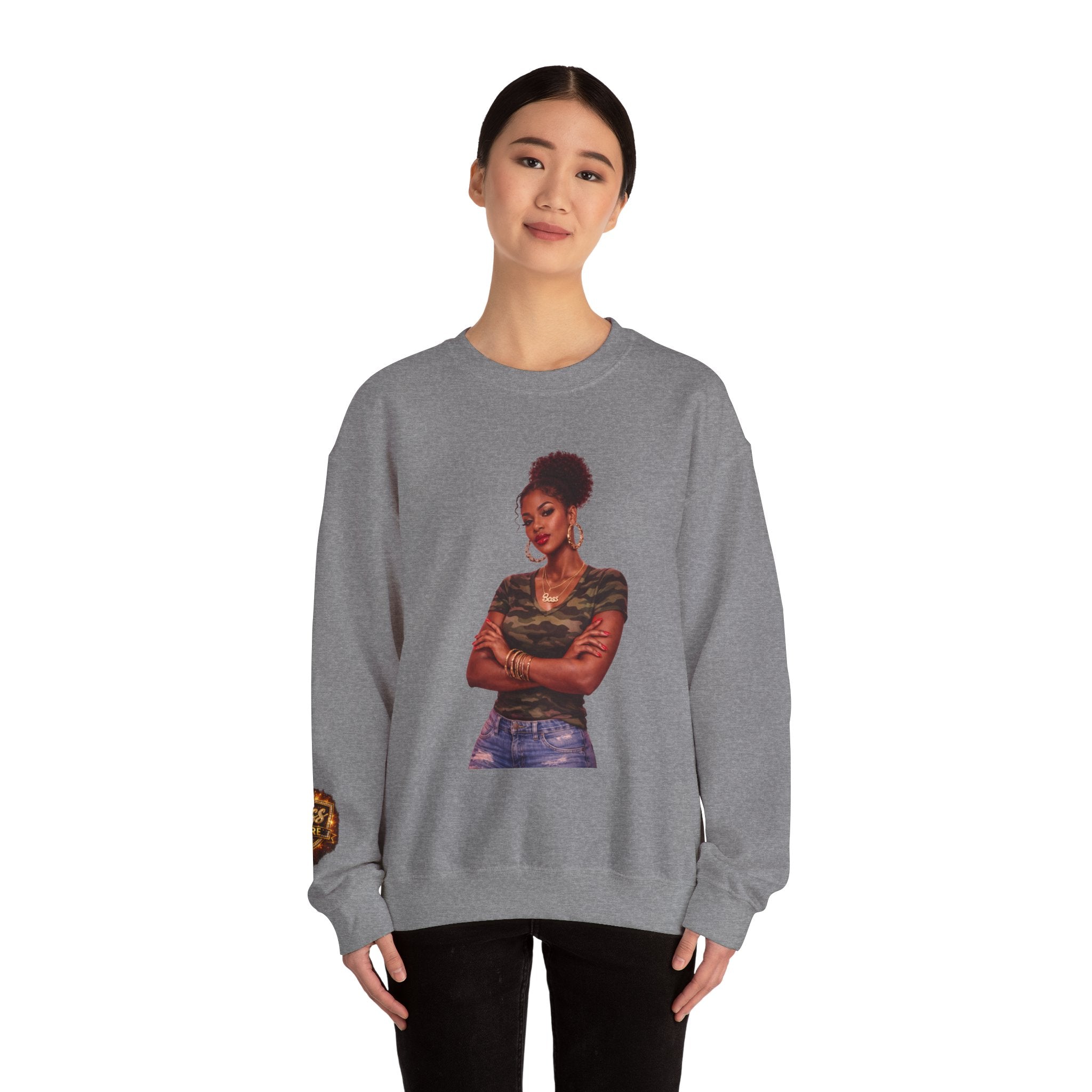 Confident Woman Illustration Crewneck Sweatshirt | Camouflage Tee Top