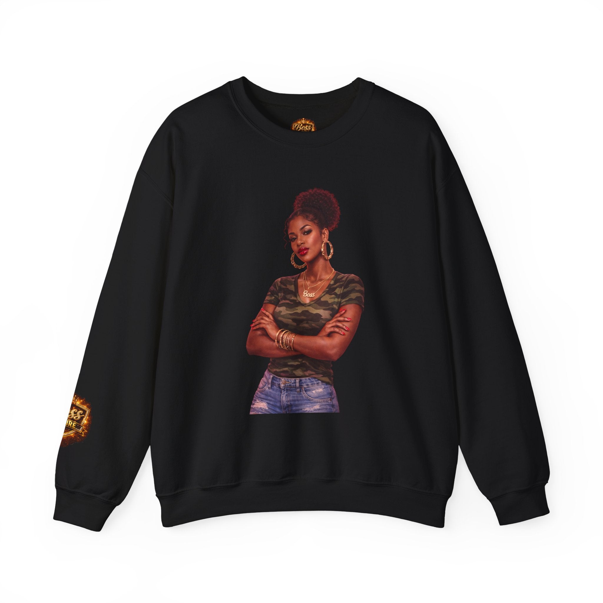 Confident Woman Illustration Crewneck Sweatshirt | Camouflage Tee Top