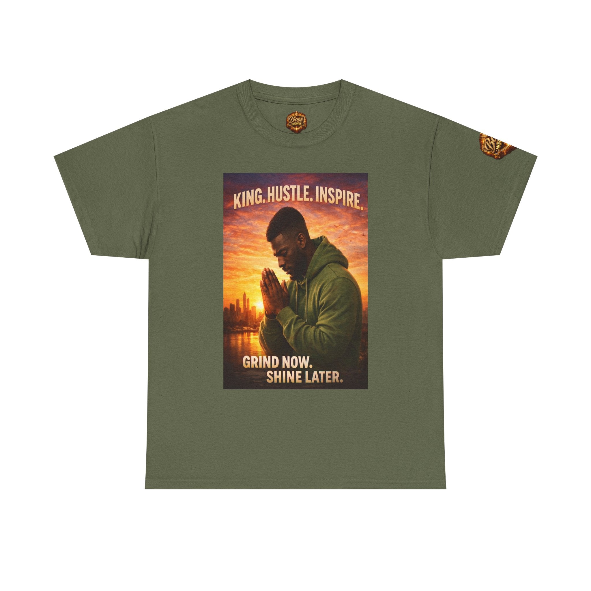 King Hustle Inspire Prayer Pose T-Shirt | Grind Now Shin e Later tee