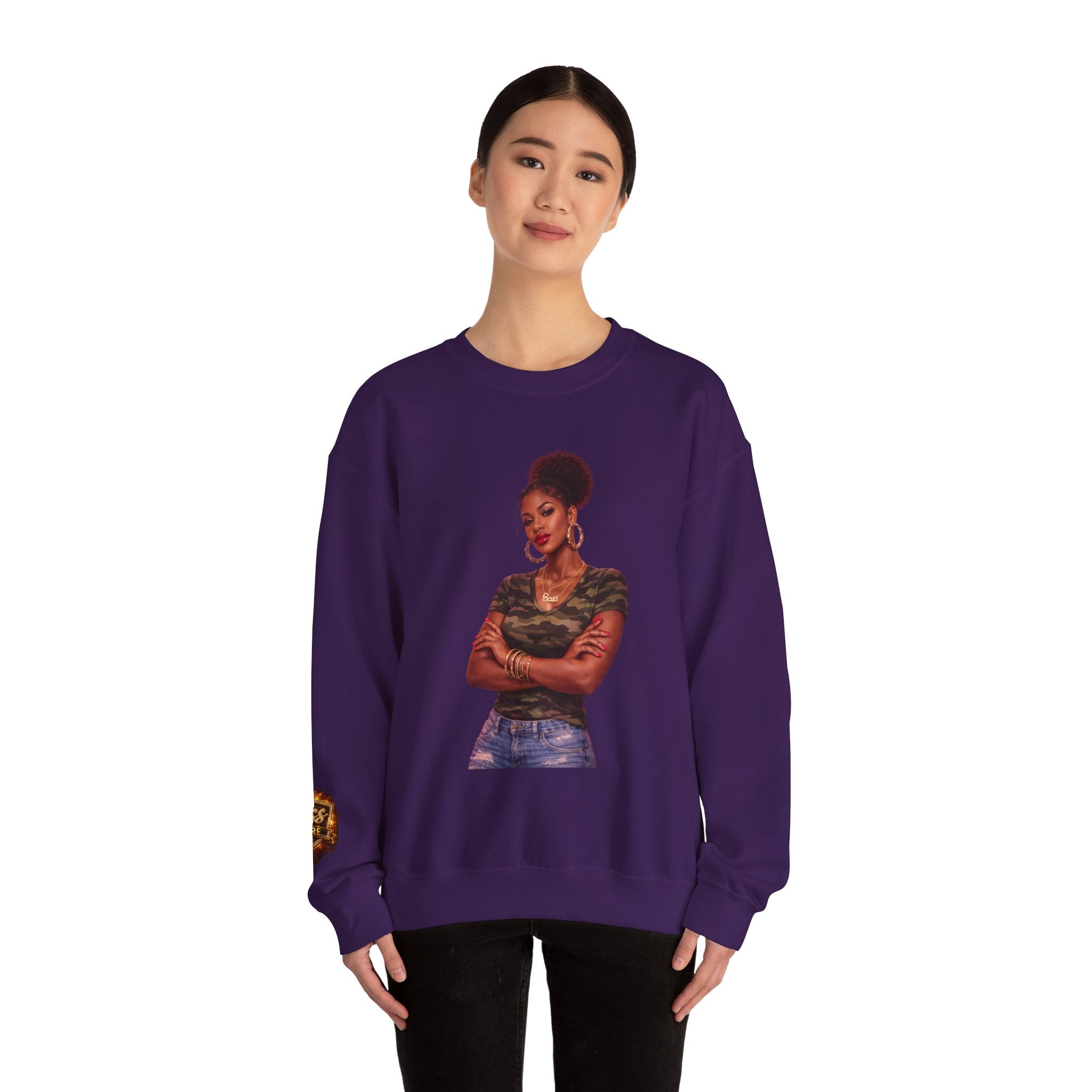 Confident Woman Illustration Crewneck Sweatshirt | Camouflage Tee Top