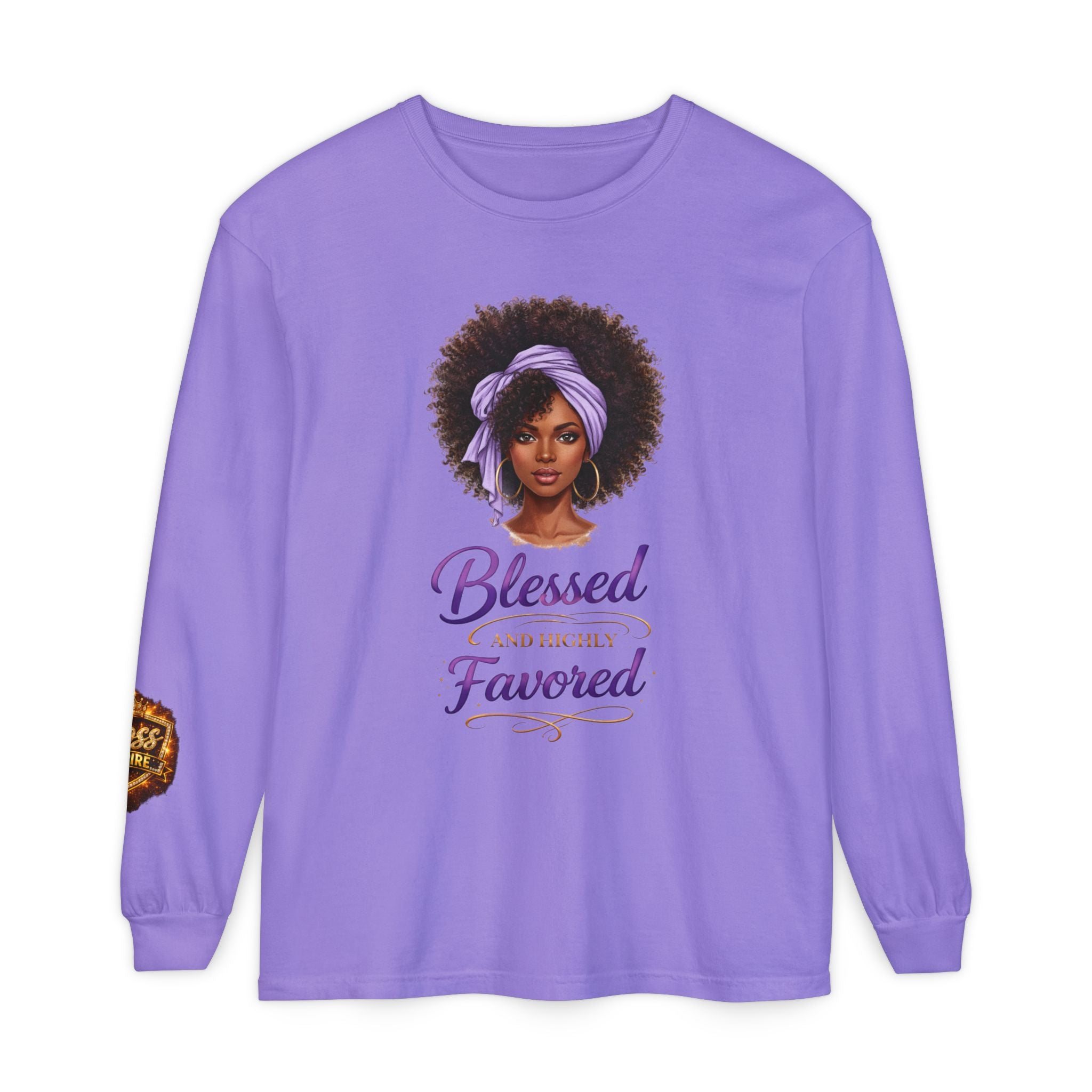 Blessed and Highly Favored Afro Girl Illustration Long Sleeve Shirt | Faith Christian