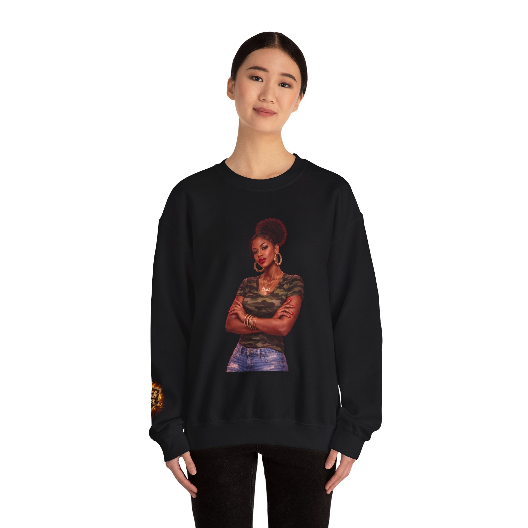 Confident Woman Illustration Crewneck Sweatshirt | Camouflage Tee Top
