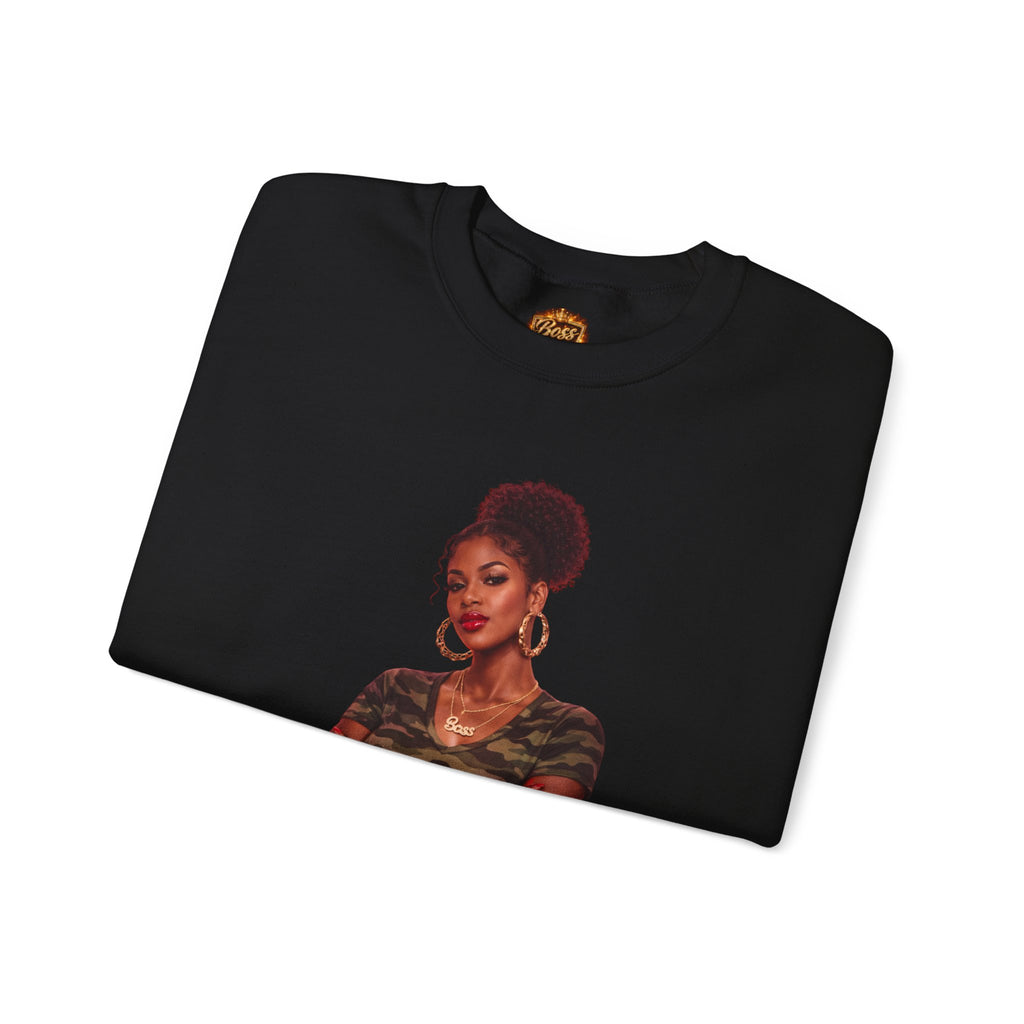 Confident Woman Illustration Crewneck Sweatshirt | Camouflage Tee Top