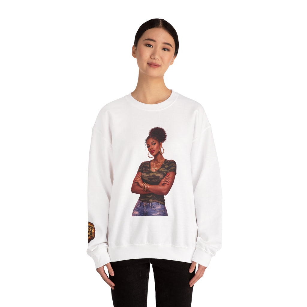 Confident Woman Illustration Crewneck Sweatshirt | Camouflage Tee Top
