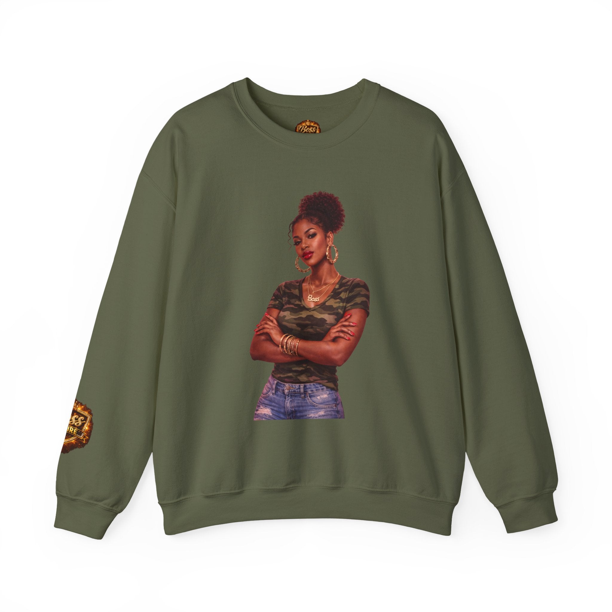 Confident Woman Illustration Crewneck Sweatshirt | Camouflage Tee Top