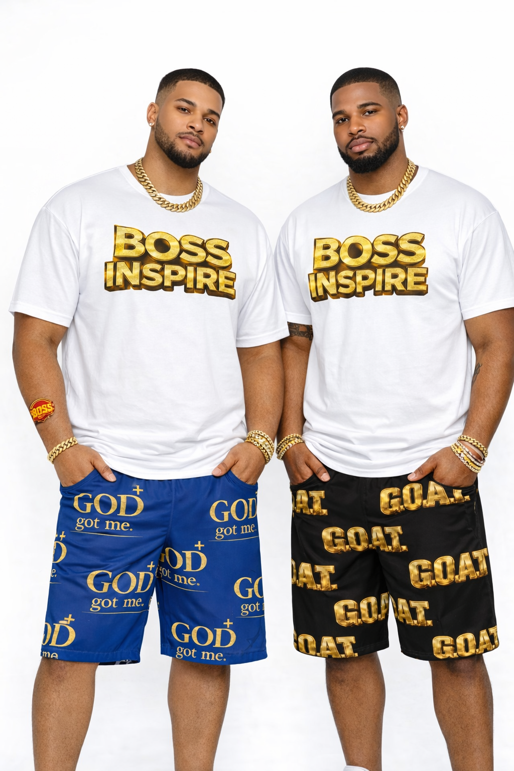 GOAT Gold Print Board Shorts — Men's Swim & Beach Trunks