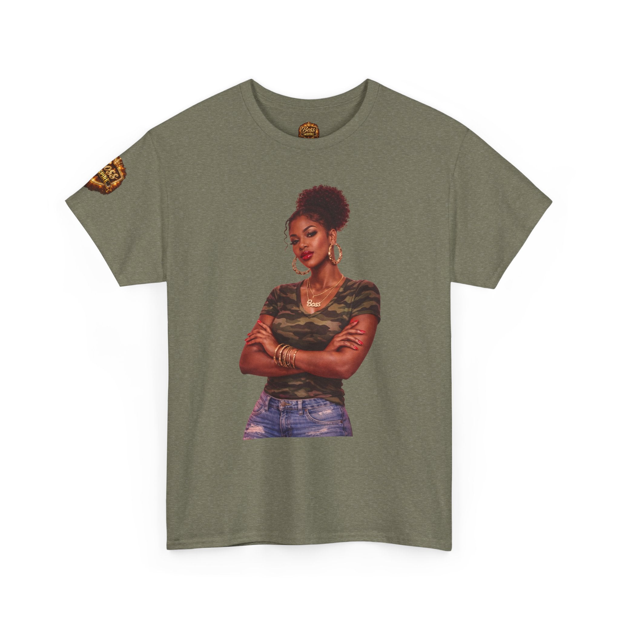 Afro Puff Woman Illustration T-Shirt | Camouflage Top Graphic Tee
