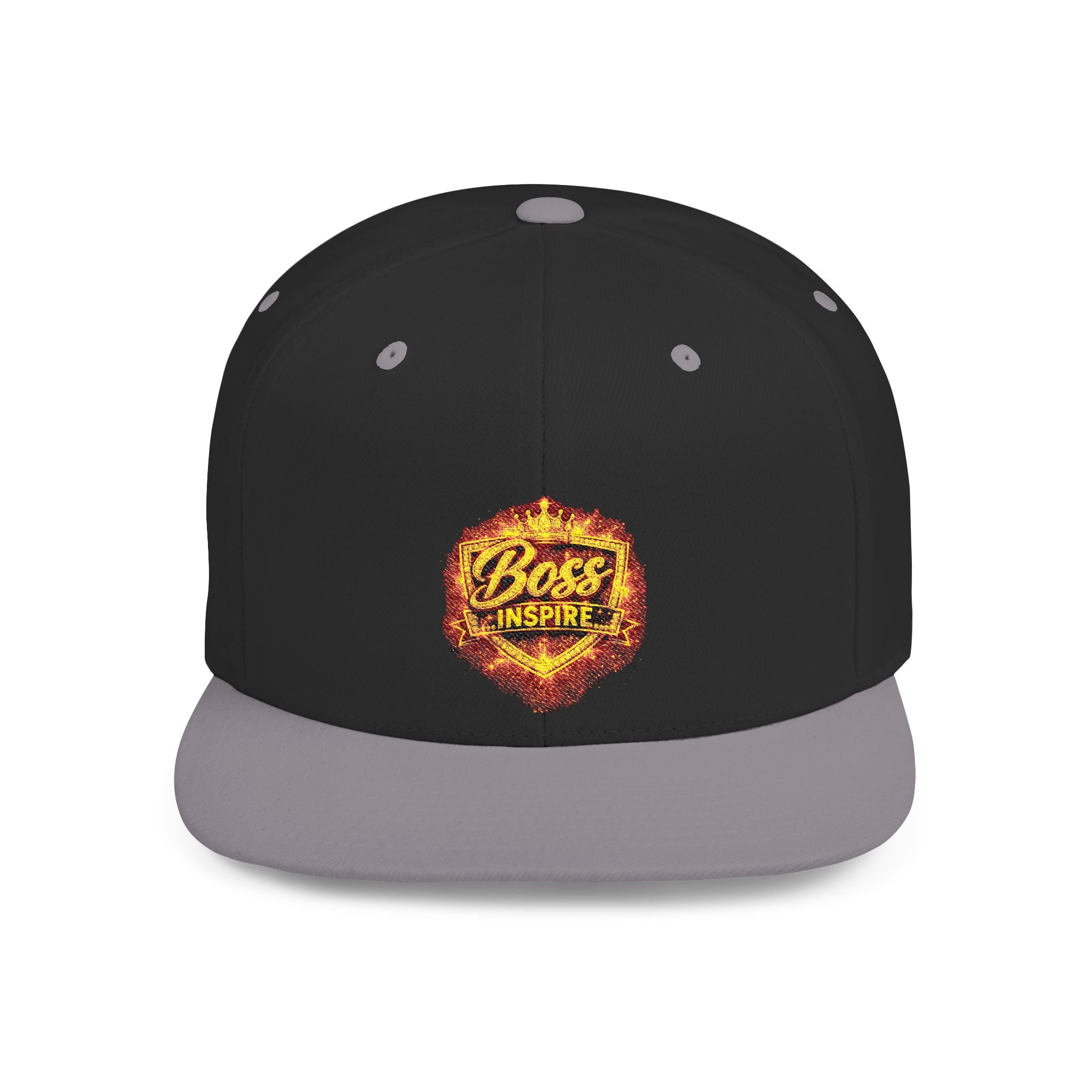 Flaming Boss Logo Snapback Hat | Flat Bill Cap, Embroidered