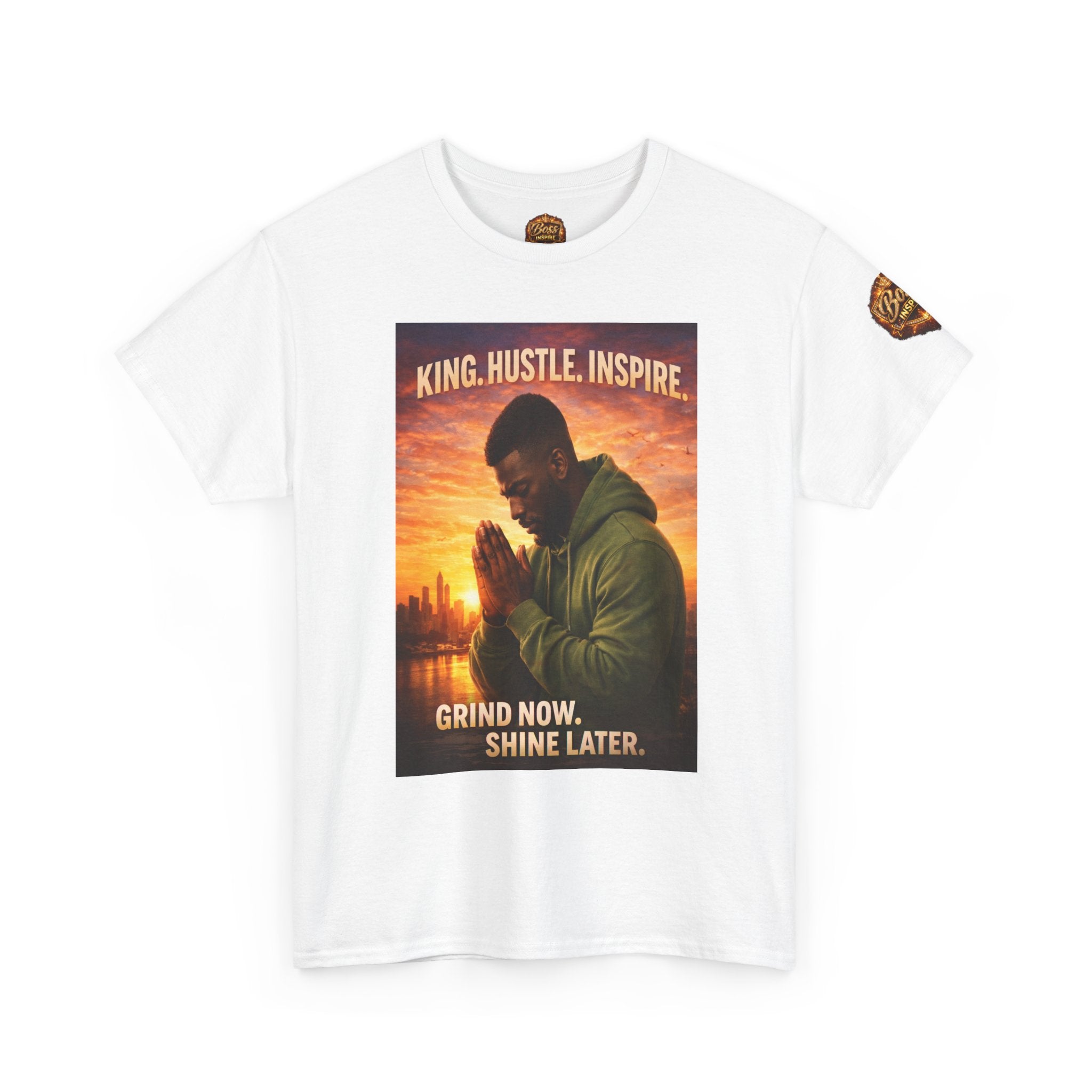 King Hustle Inspire Prayer Pose T-Shirt | Grind Now Shin e Later tee