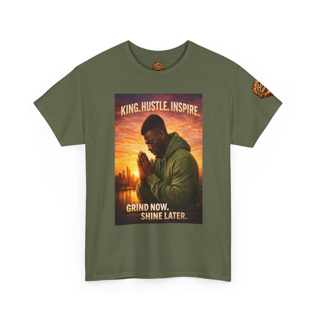 King Hustle Inspire Prayer Pose T-Shirt | Grind Now Shin e Later tee