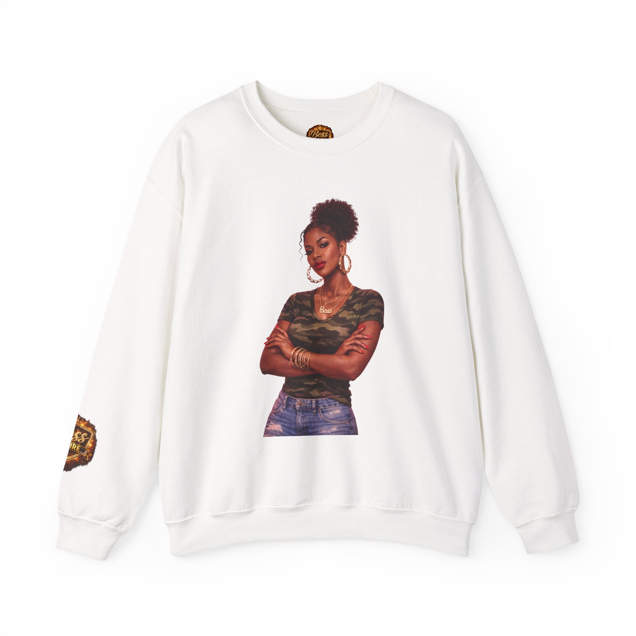 Confident Woman Illustration Crewneck Sweatshirt | Camouflage Tee Top