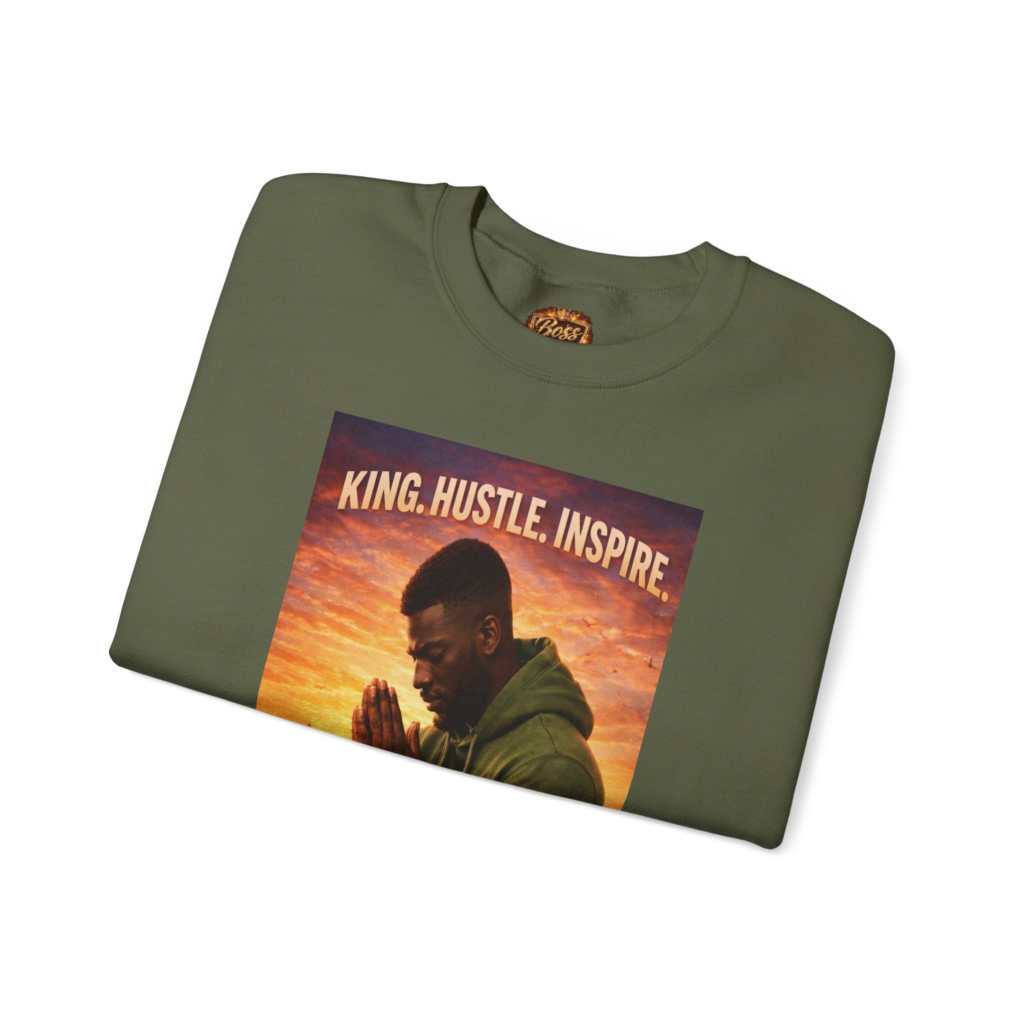 King Hustle Inspire Prayer Pose Sweatshirt | Motivational Urban Portrait