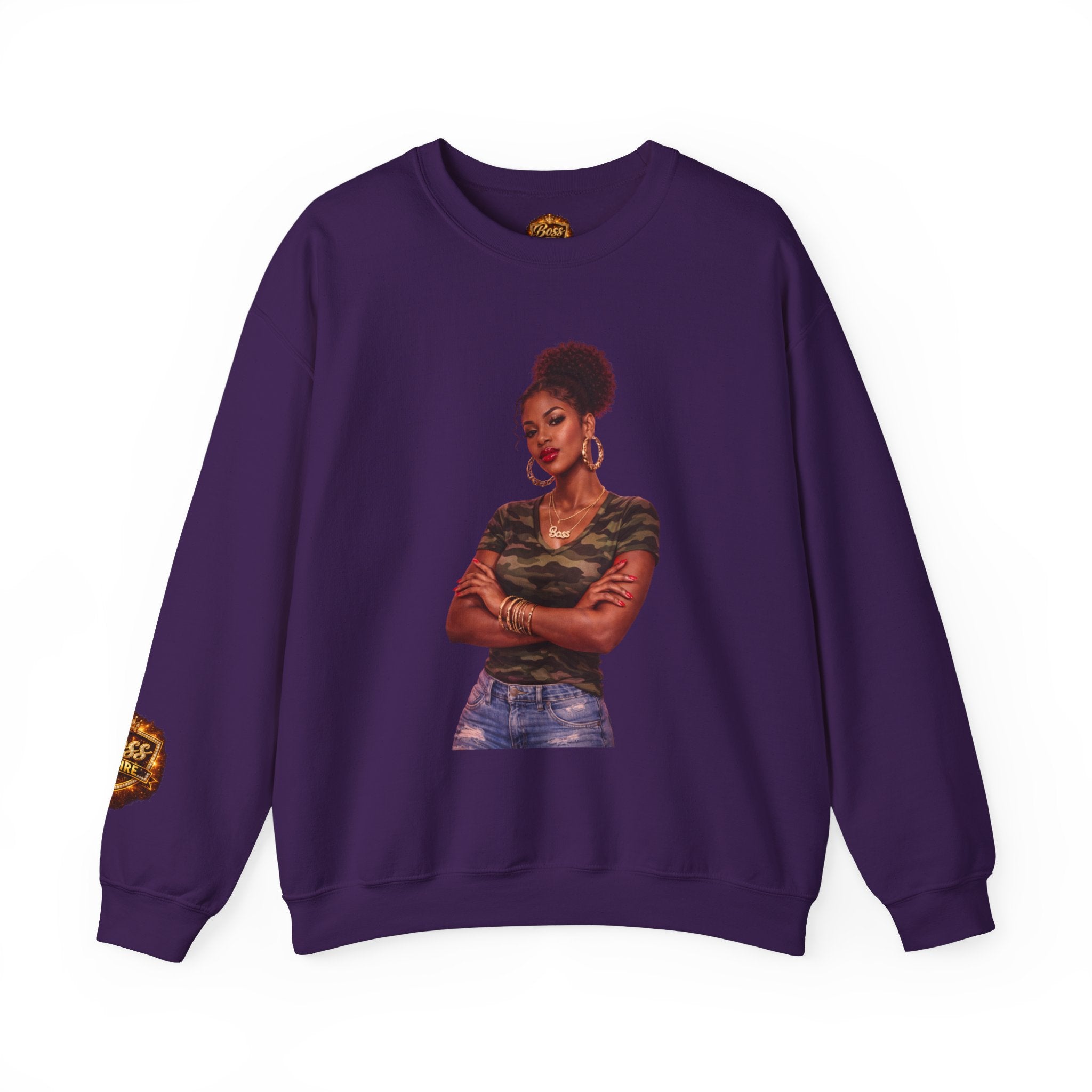 Confident Woman Illustration Crewneck Sweatshirt | Camouflage Tee Top