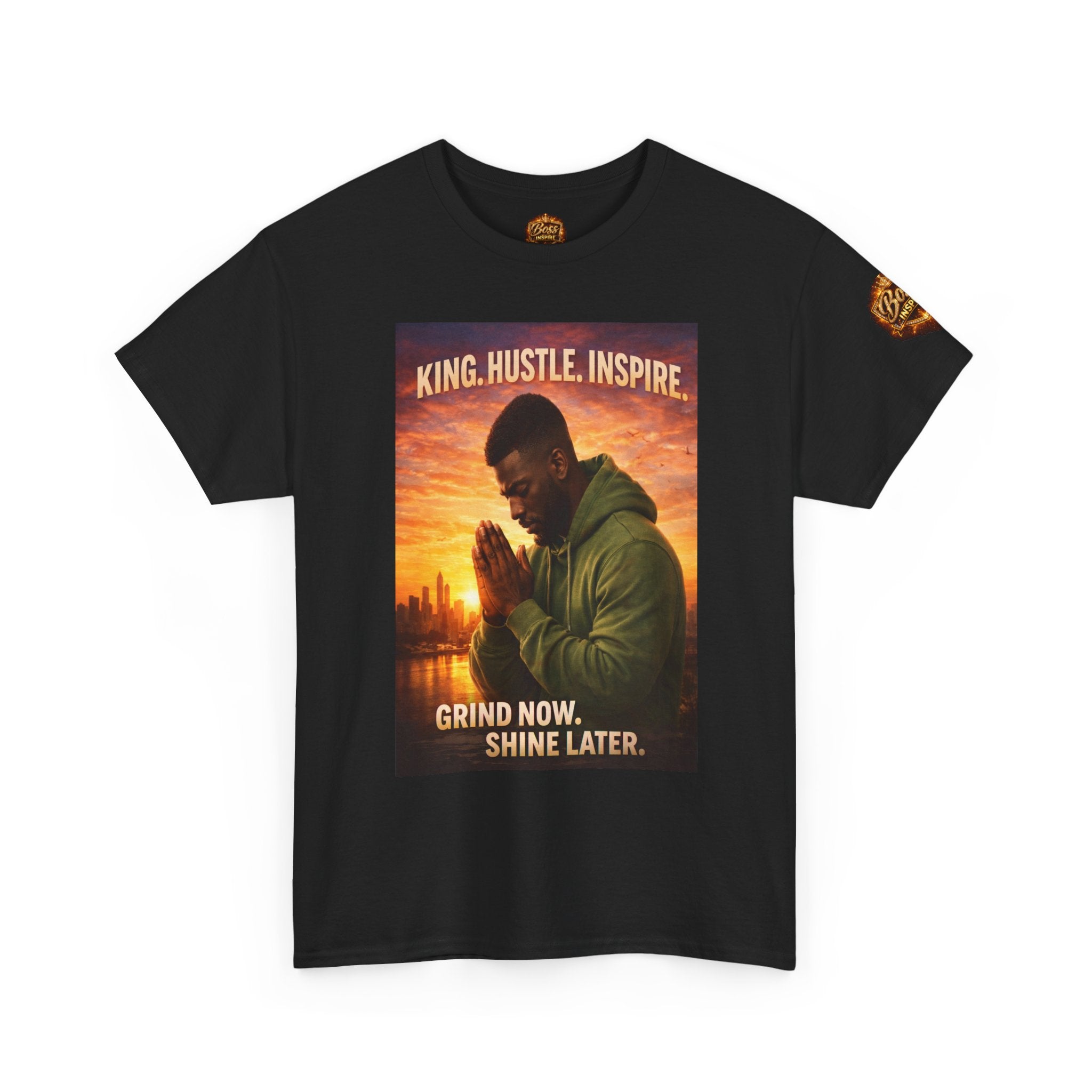 King Hustle Inspire Prayer Pose T-Shirt | Grind Now Shin e Later tee