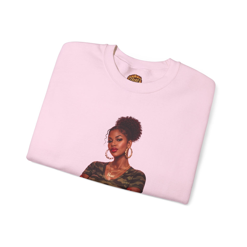 Confident Woman Illustration Crewneck Sweatshirt | Camouflage Tee Top