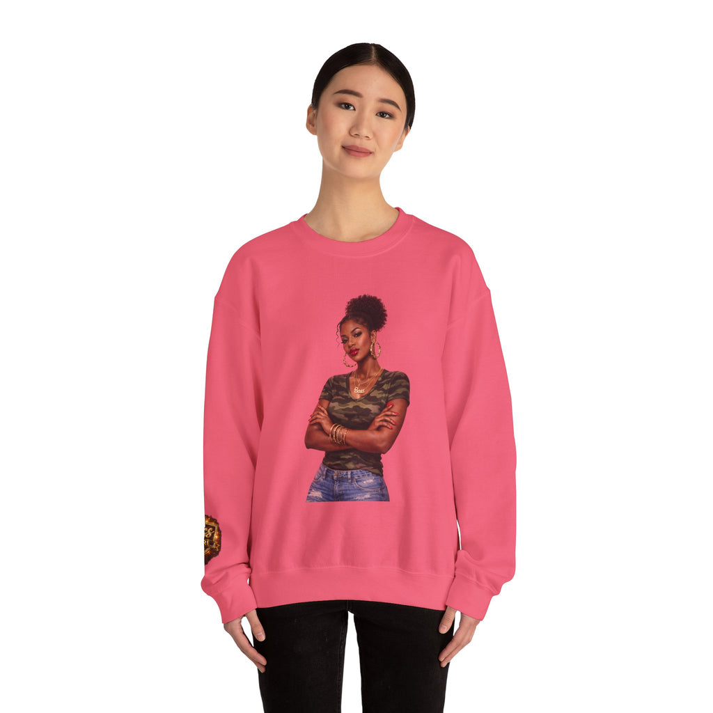 Confident Woman Illustration Crewneck Sweatshirt | Camouflage Tee Top