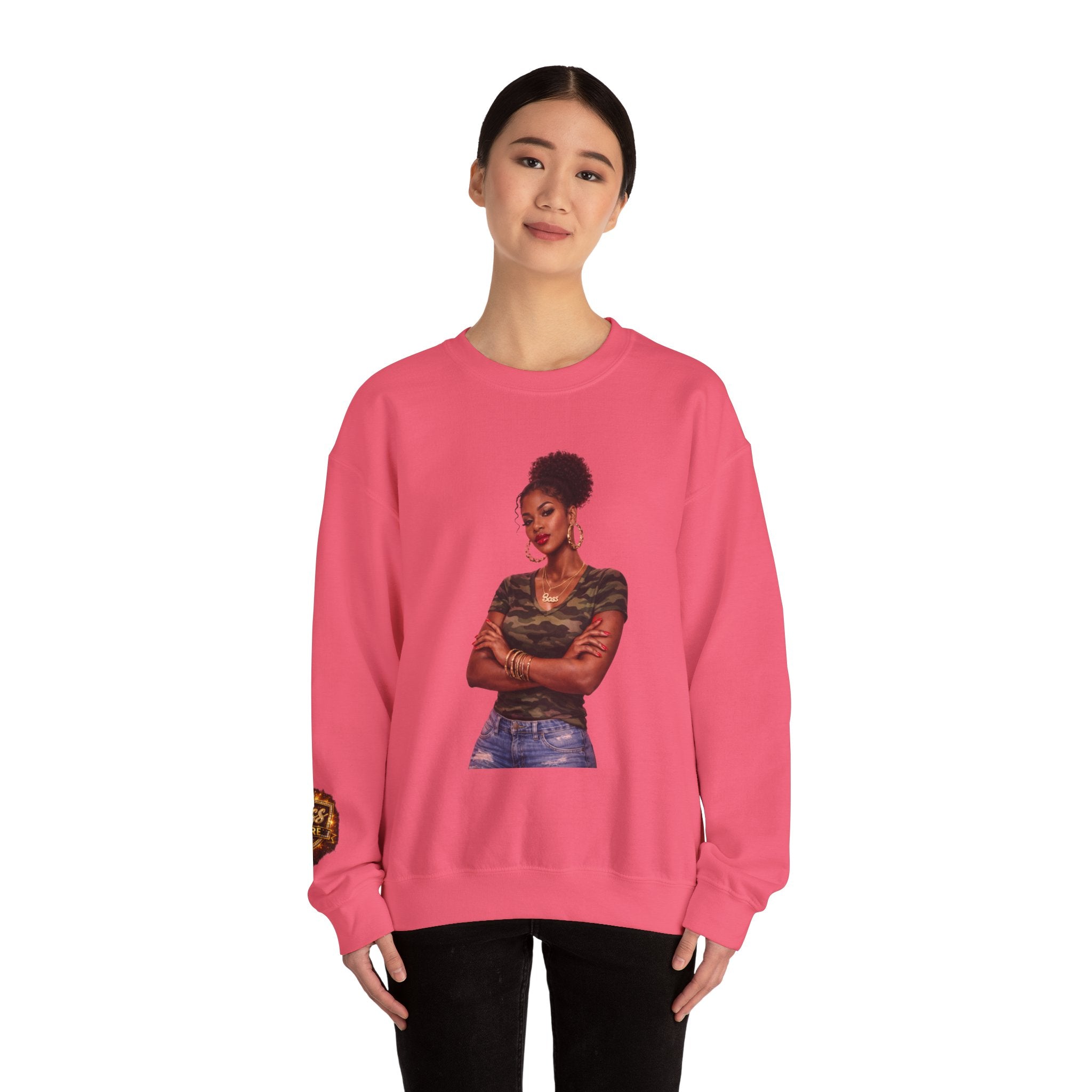 Confident Woman Illustration Crewneck Sweatshirt | Camouflage Tee Top