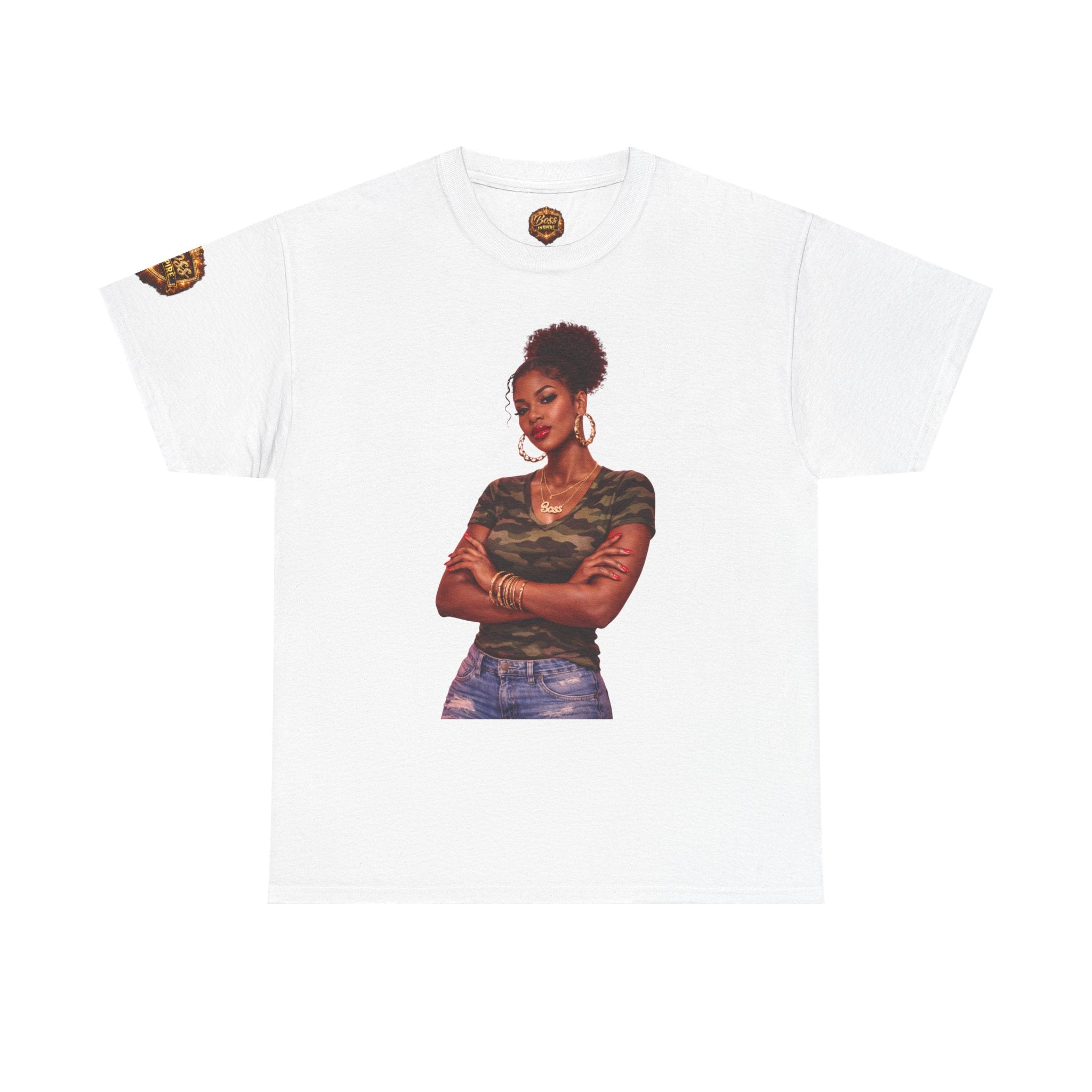 Afro Puff Woman Illustration T-Shirt | Camouflage Top Graphic Tee