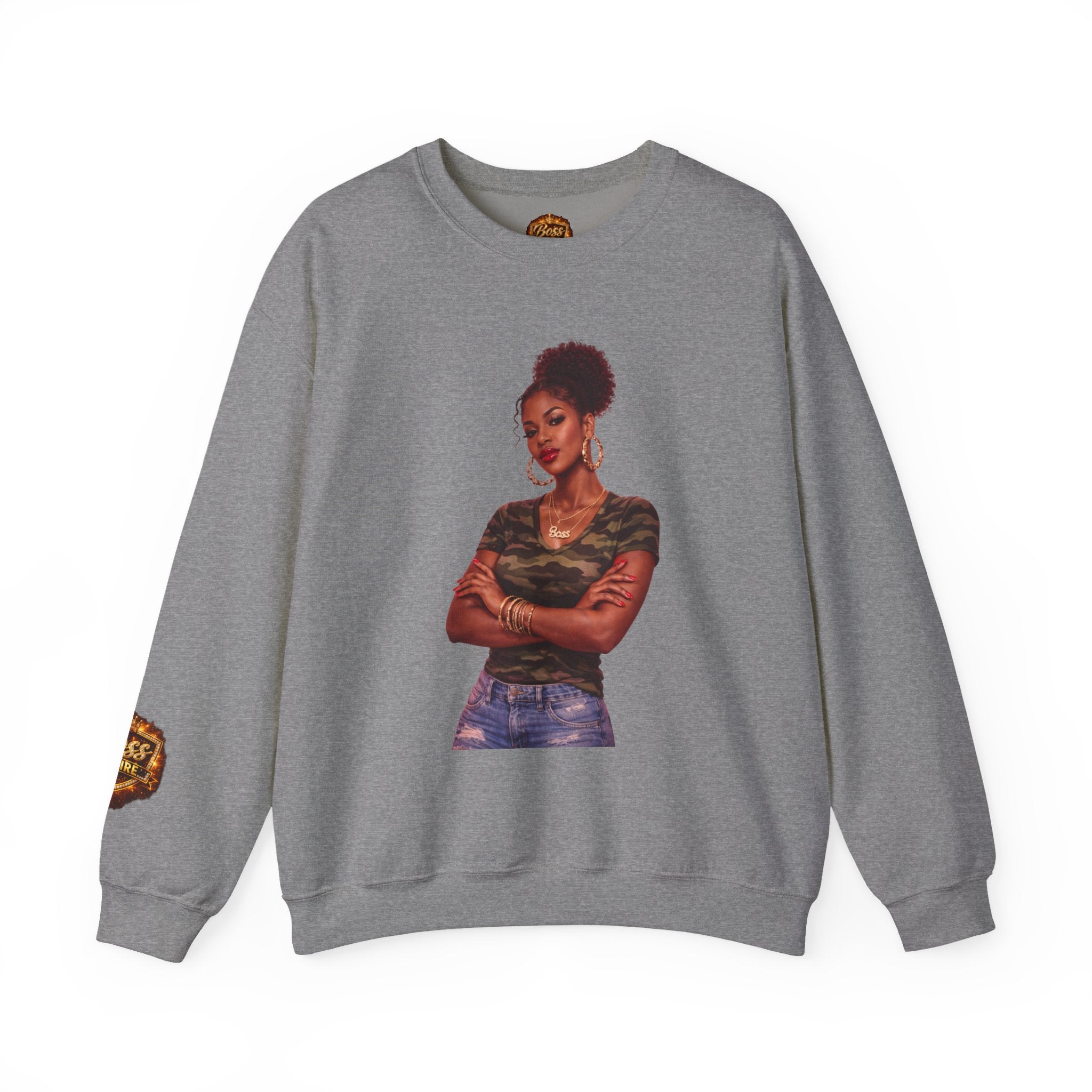 Confident Woman Illustration Crewneck Sweatshirt | Camouflage Tee Top