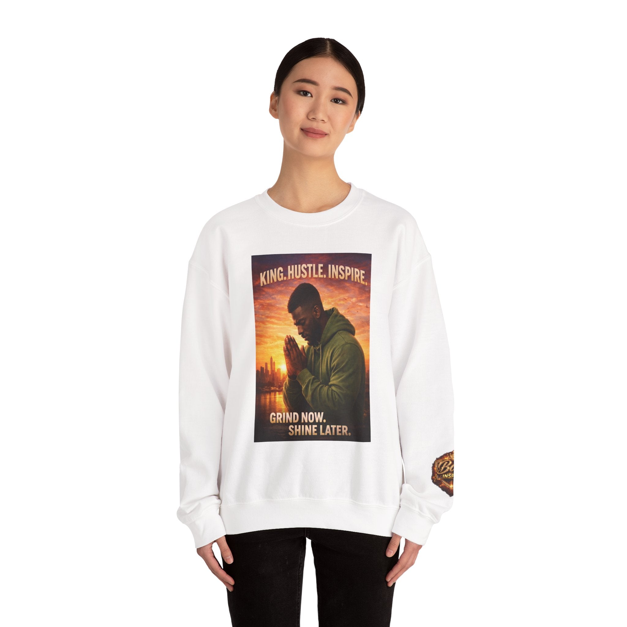 King Hustle Inspire Prayer Pose Sweatshirt | Motivational Urban Portrait
