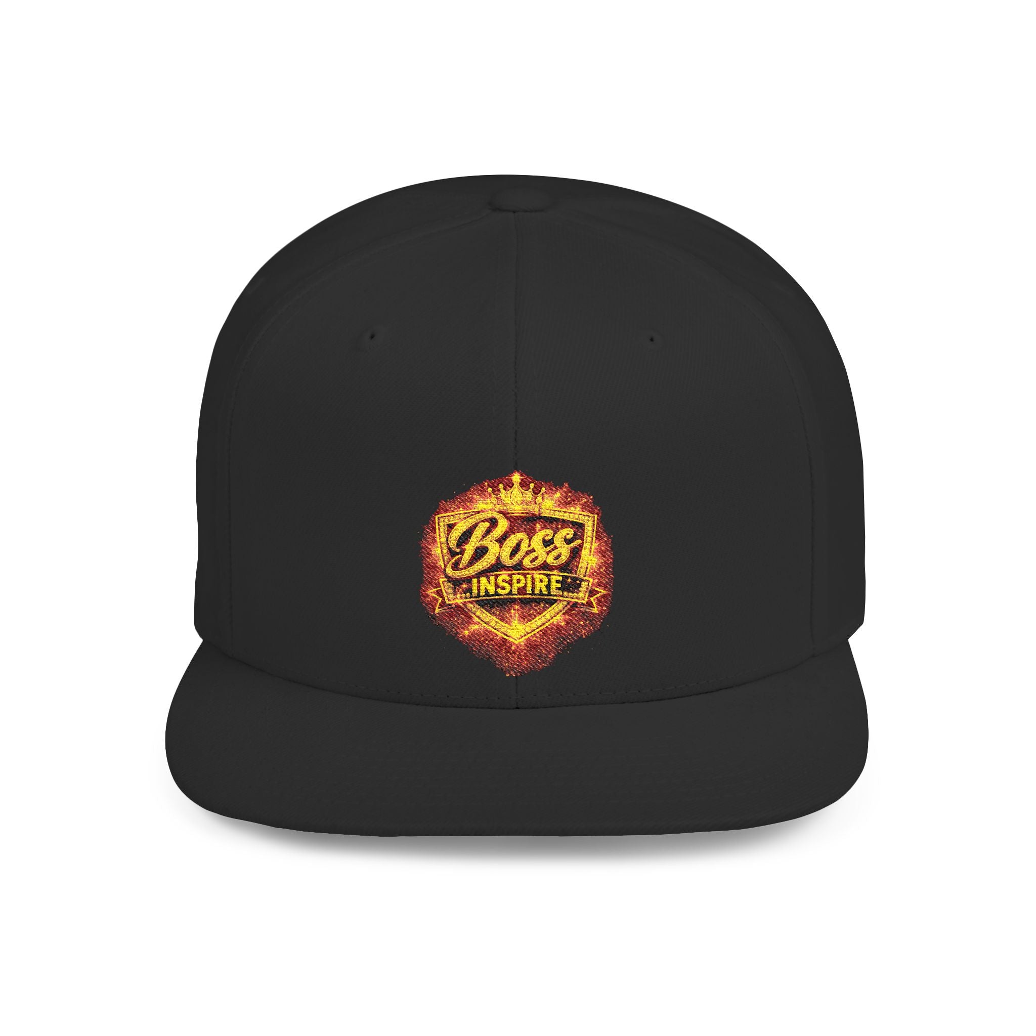 Flaming Boss Logo Snapback Hat | Flat Bill Cap, Embroidered