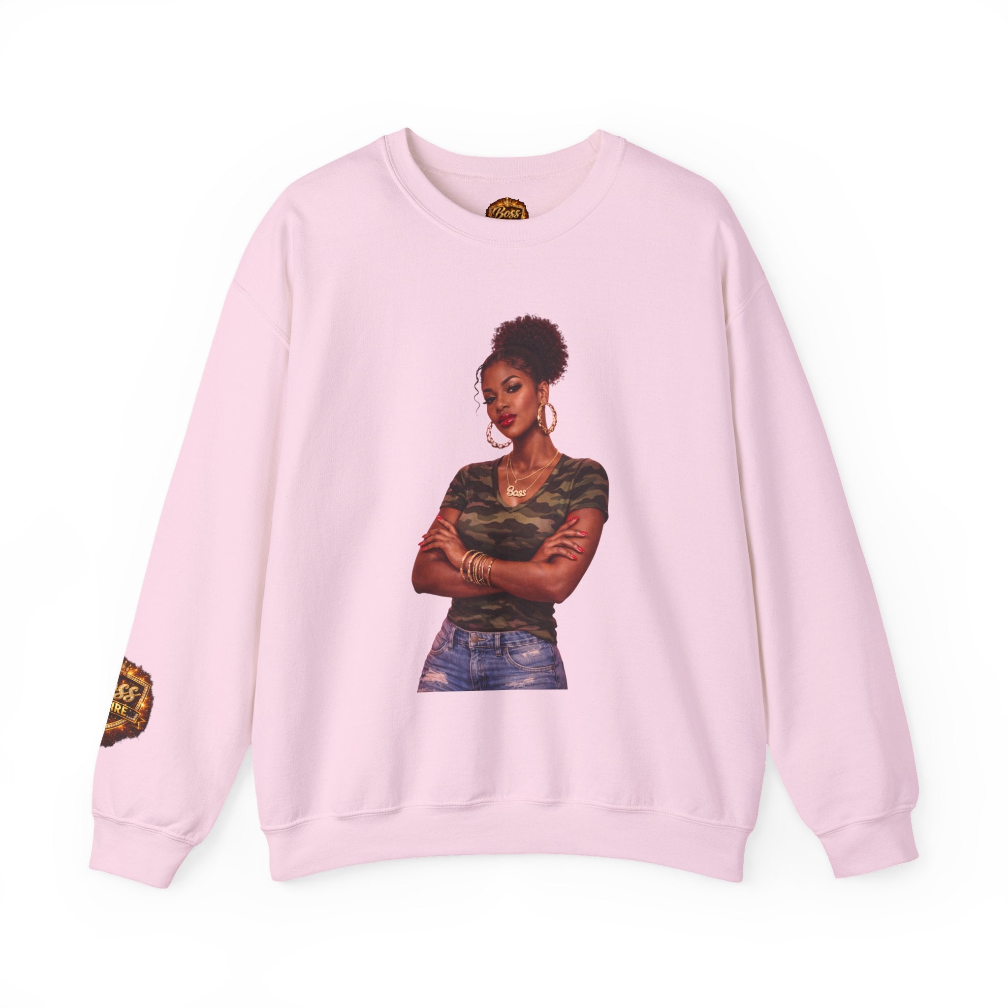 Confident Woman Illustration Crewneck Sweatshirt | Camouflage Tee Top