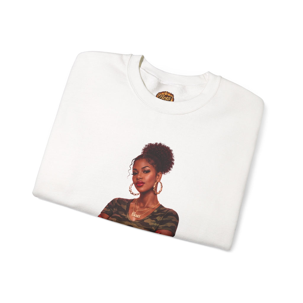 Confident Woman Illustration Crewneck Sweatshirt | Camouflage Tee Top
