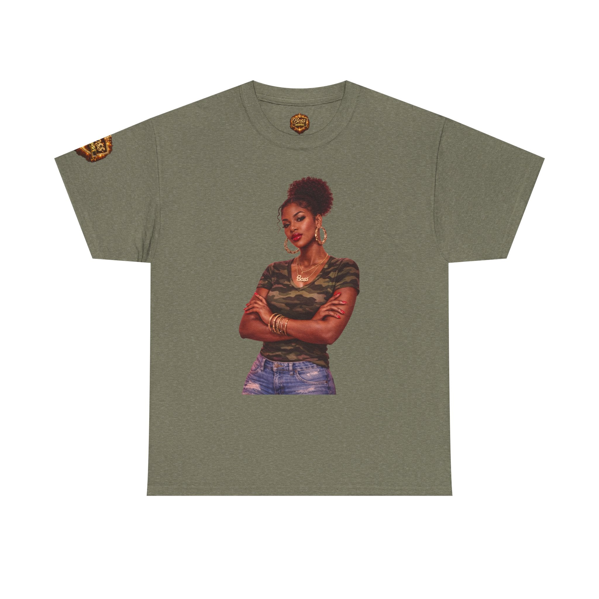 Afro Puff Woman Illustration T-Shirt | Camouflage Top Graphic Tee
