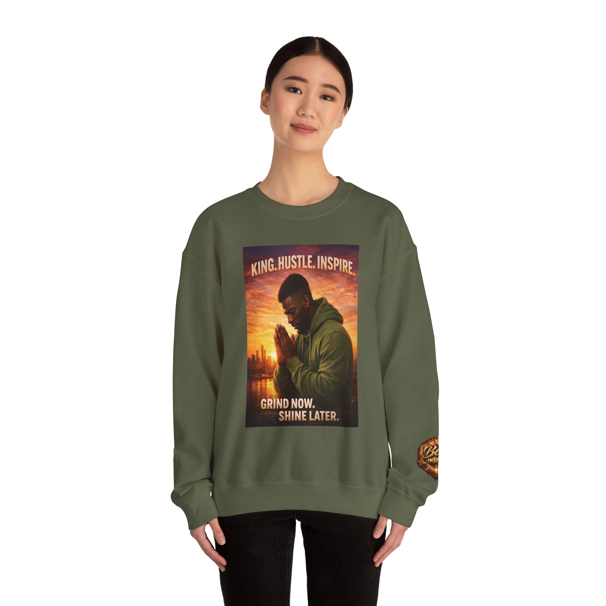 King Hustle Inspire Prayer Pose Sweatshirt | Motivational Urban Portrait