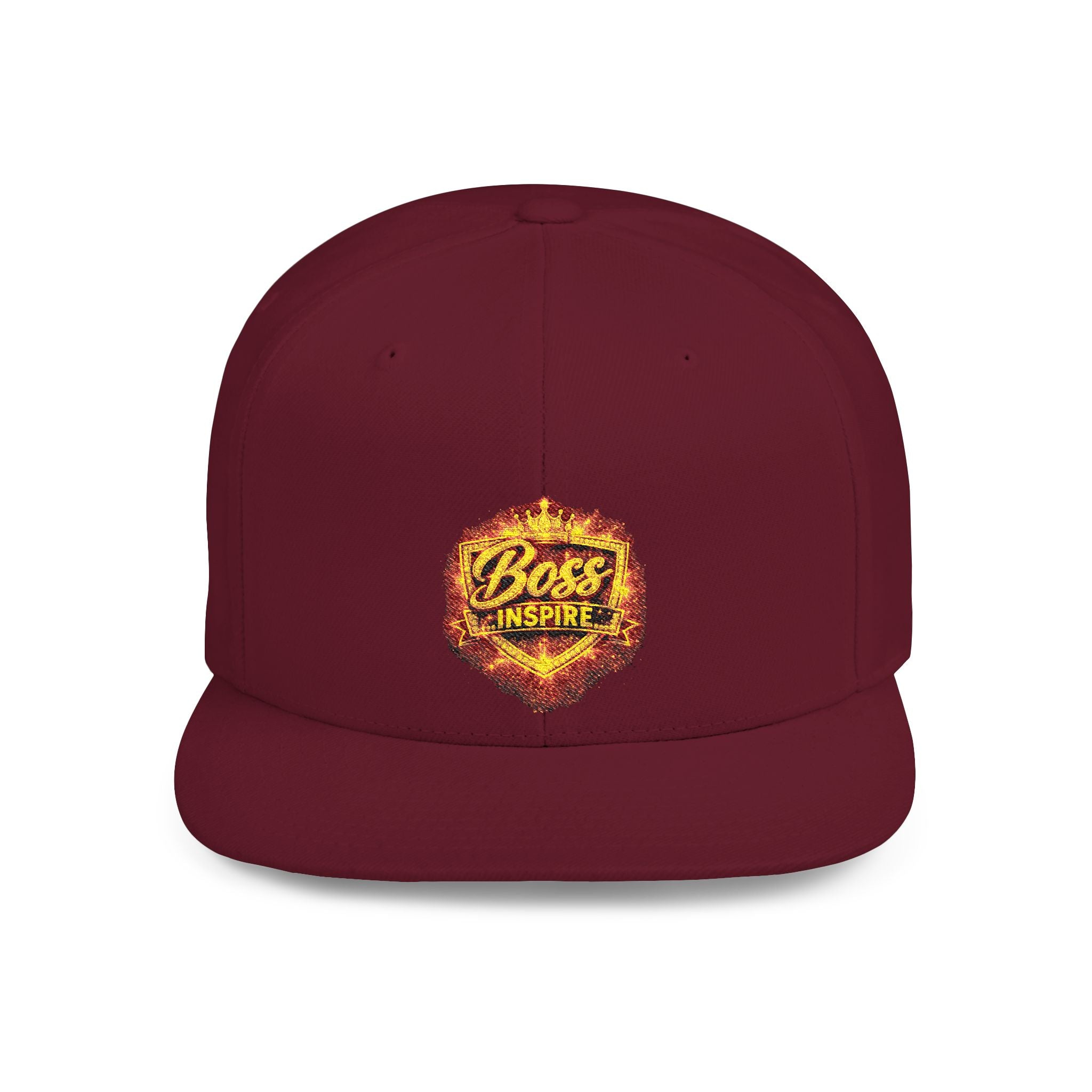 Flaming Boss Logo Snapback Hat | Flat Bill Cap, Embroidered