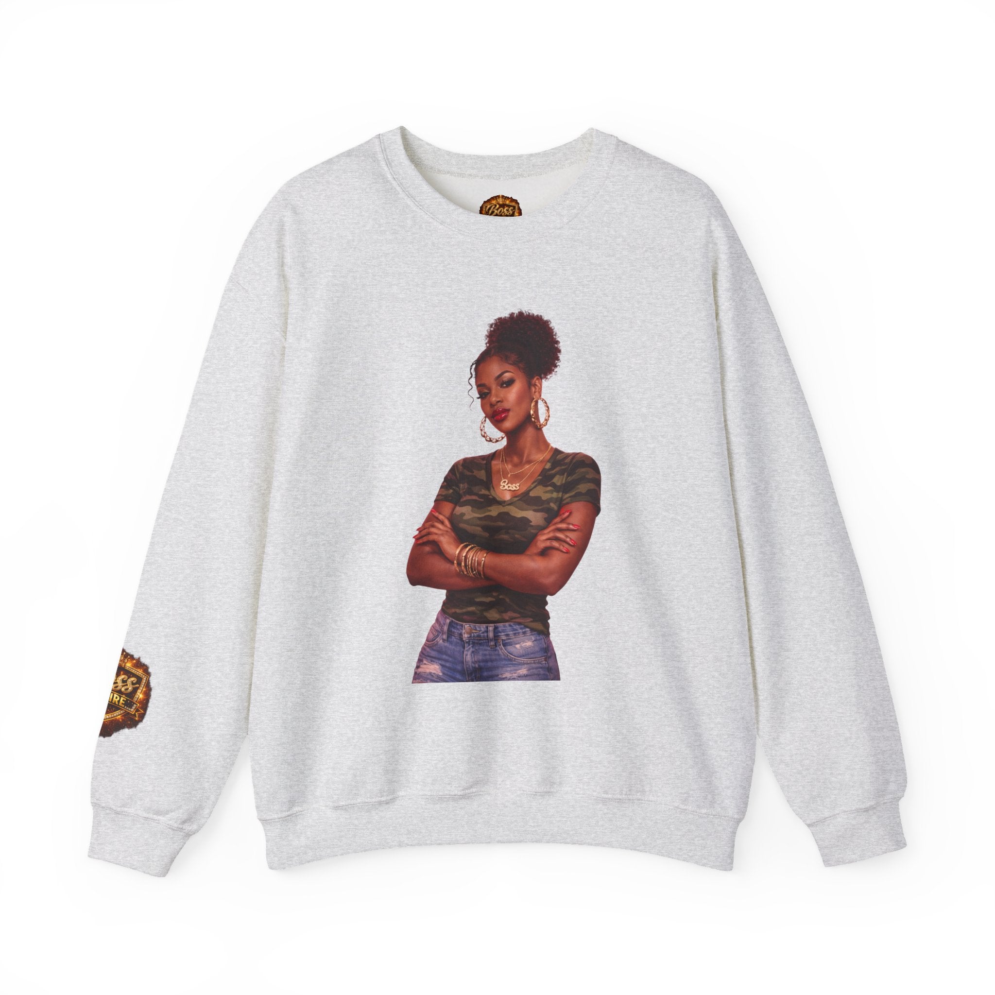 Confident Woman Illustration Crewneck Sweatshirt | Camouflage Tee Top