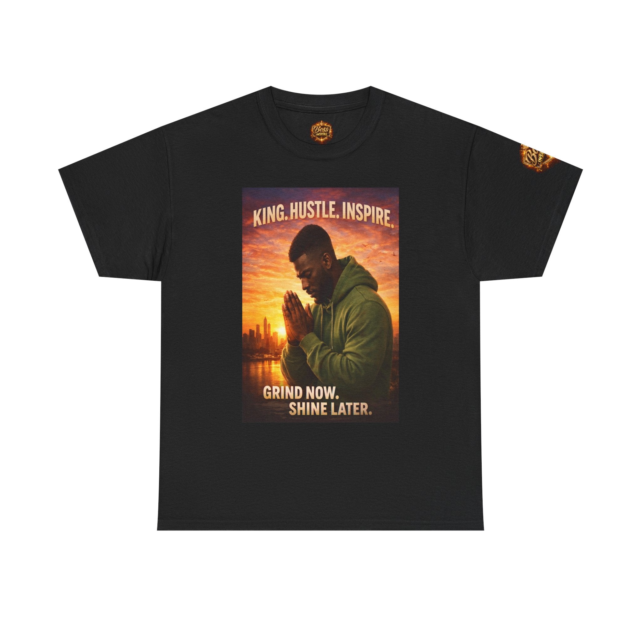 King Hustle Inspire Prayer Pose T-Shirt | Grind Now Shin e Later tee
